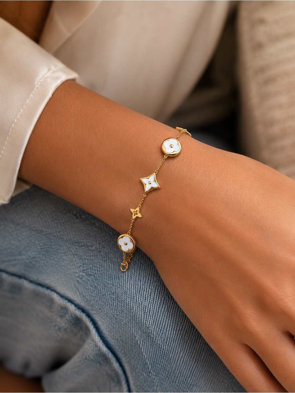 Gold and White Floral Motif Bracelet with Matching Stud Earrings - Picture 4 of 6